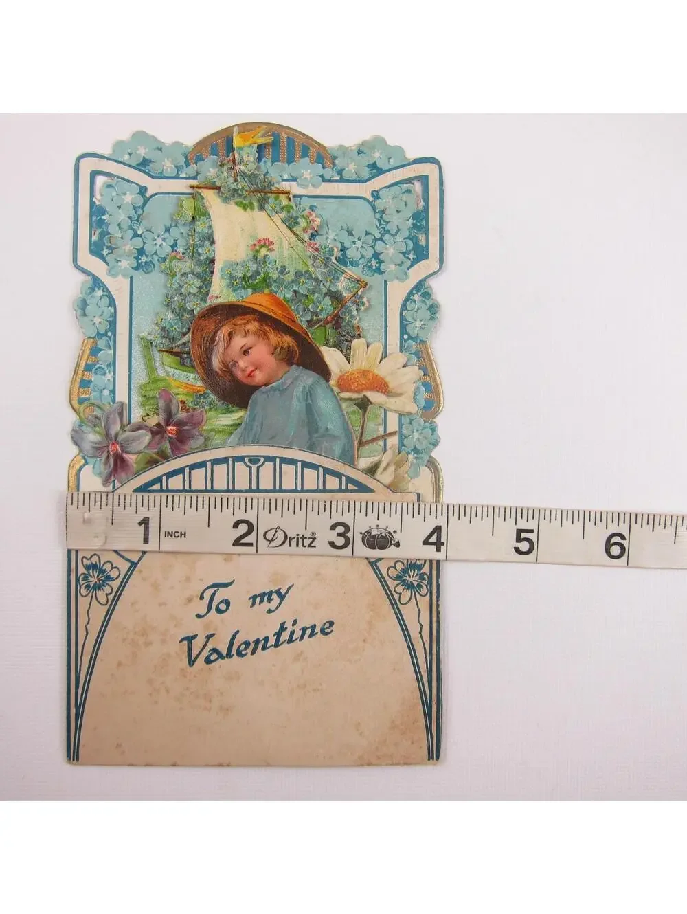 Valentine 3D Pop Up Die Cut Blonde Boy Hat Ship Daisy Blue Flowers Antique 1924